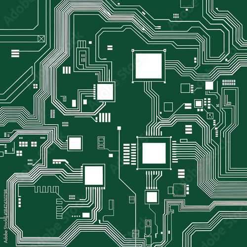 Vector Blueprint of a Green PCB Layout Featuring Conductive Traces, Mounting Pads, and Electronic Component Footprints.