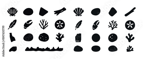Silhouette collection of sea creatures and elements against whit