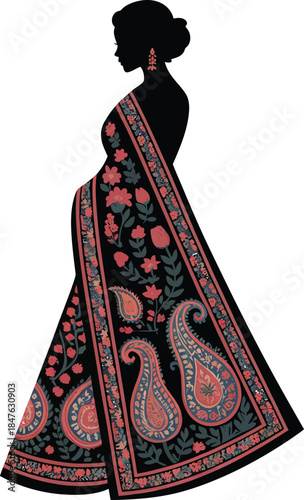 Traditional Indian woman vector in ornate saree silhouette with floral and paisley patterns on black background.