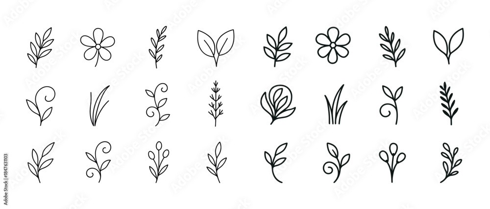 Obraz premium Minimalist black and white floral icons set for design projects
