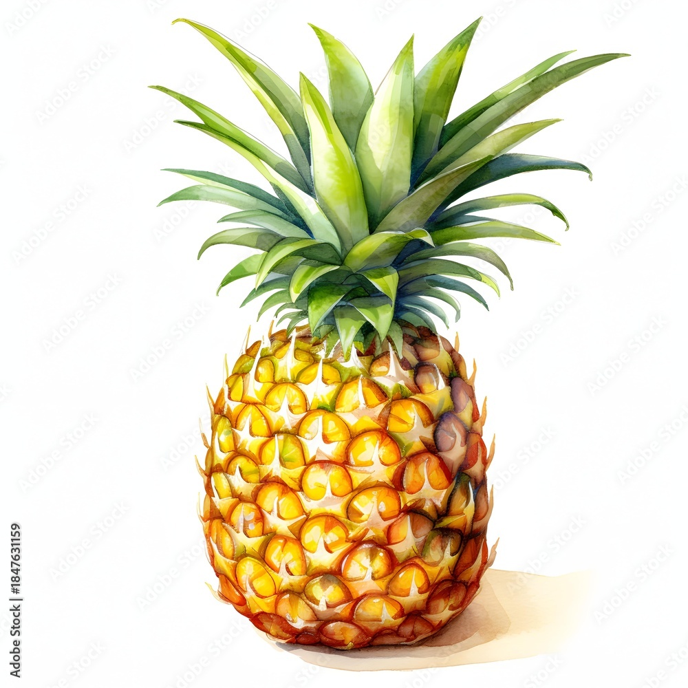 Fototapeta premium Watercolor painting of a vibrant pineapple with detailed leaves and textured skin
