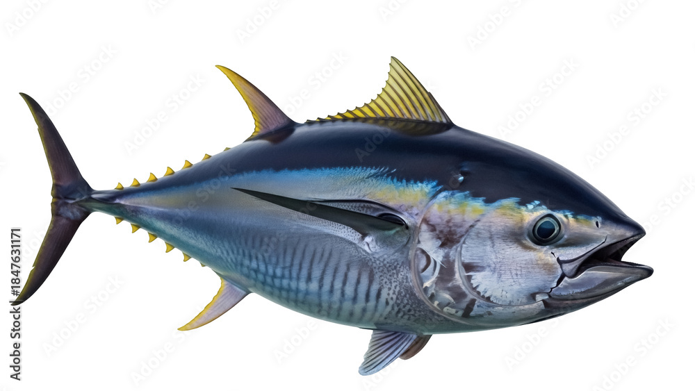 Fototapeta premium Isolated Yellowfin Tuna Fish, a large and commercially important saltwater ray-finned species