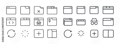 Simple line icons set: browser, folder, tabs, refresh, plus, pri