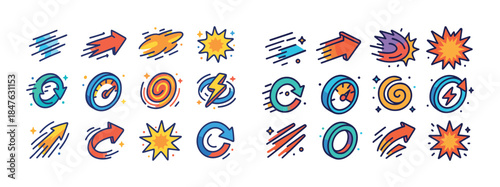 Colorful speed and direction icons set with comet, arrow, and sp
