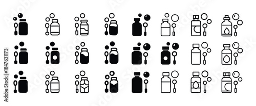 Collection of bottle and spoon icons in various styles and patte