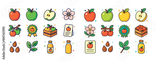 Colorful apple and cider icons with leaves, flowers, and crates