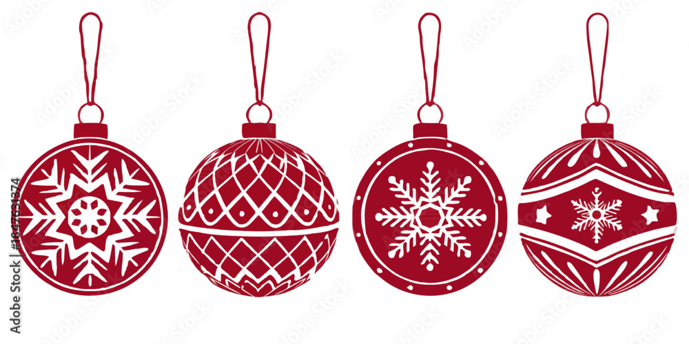 Fototapeta premium Vector illustration of assorted Christmas ornament balls, smooth glossy finish, isolated on transparent background for holiday decorations.