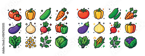 Colorful vegetable icons set with carrot, tomato, pepper, cucumb