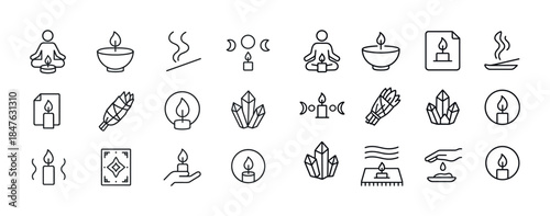 Meditation and mindfulness icons: candle, incense, crystal, sage