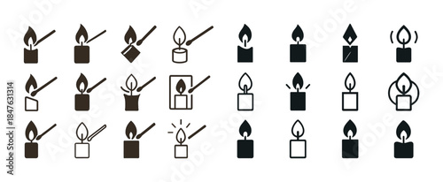 Set of diverse candle and flame icons in various styles and shap