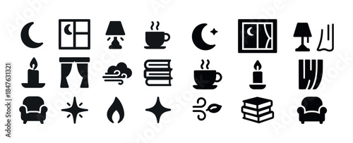 Cozy nighttime icons: moon, lamp, coffee, candle, books, window,