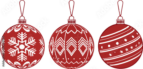 Set of colorful Christmas balls with shiny reflections and festive patterns, isolated on no background, high-quality vector illustration.