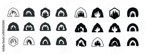 Collection of black and white cave icons in various shapes and s