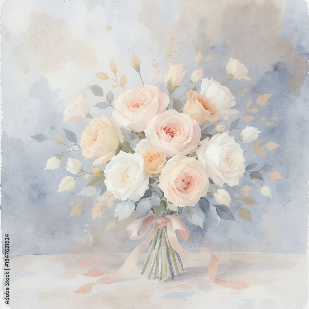 Fototapeta premium Delicate watercolor floral bouquet featuring soft pastel roses and leaves, tied with a ribbon, for a wedding invitation concept or elegant celebration