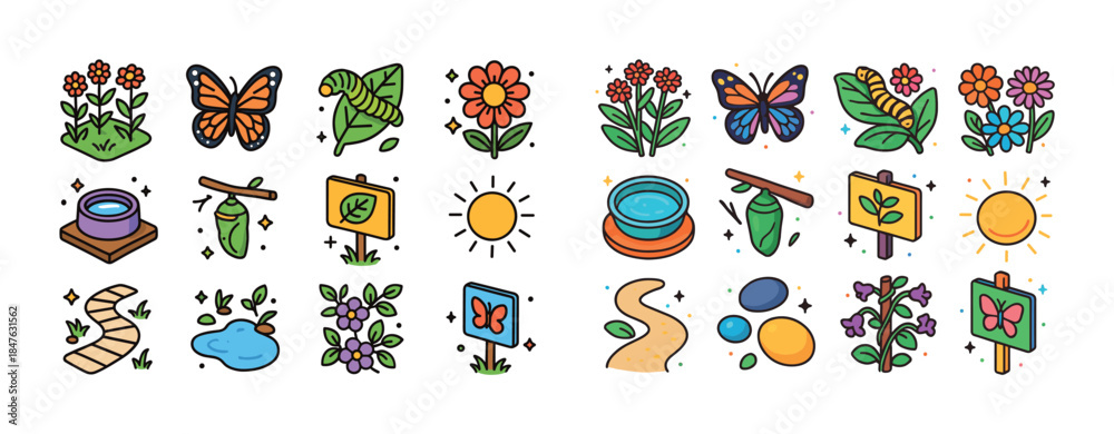 Obraz premium Colorful nature icons: butterflies, flowers, and nature elements