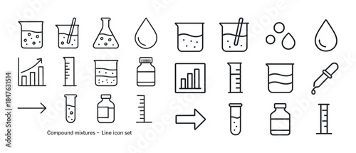 Chemical laboratory line icons set with beakers and measurement