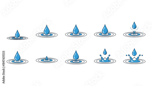 Water droplet icons in various splash and ripple effects