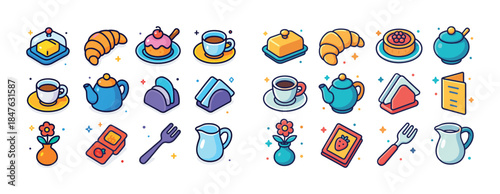 Colorful assorted breakfast icons featuring pastries, tea, butte