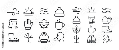 Winter weather icons: breeze, sunshine, clothing, hot drink, nat