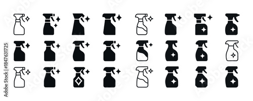 Set of spray bottle icons with cleaning symbols in various style