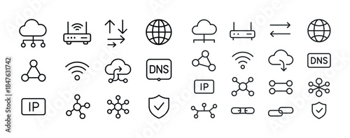 Set of cloud computing and network connection line icons