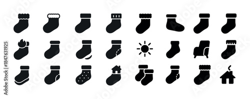 Silhouette icons of various socks with winter and home themes