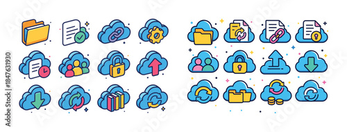 Colorful cloud computing icons set with folders links and securi