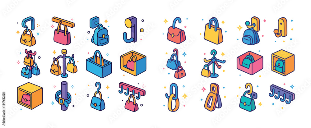 Fototapeta premium Colorful bag and accessory icons in modern isometric style