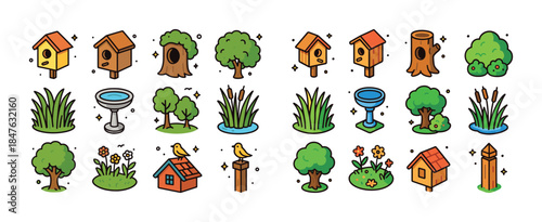 Colorful cartoon birdhouses and trees with nature elements