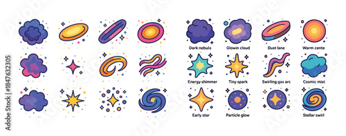 Colorful vector set of cosmic elements with names and symbols