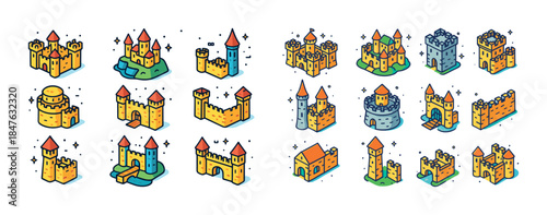 Colorful isometric medieval castles collection with red roofs an