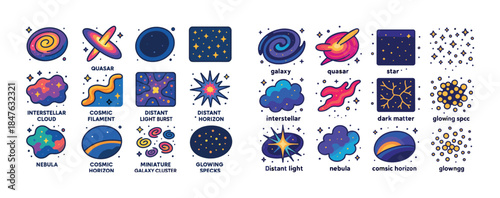 Cosmic icons: galaxies, stars, and nebulae in vibrant space expl