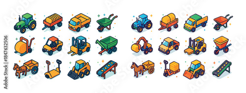 Collection of cartoon farming and construction vehicles in vario