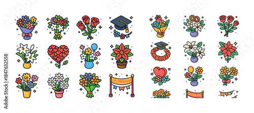 Colorful floral icons with graduation cap and celebration banner