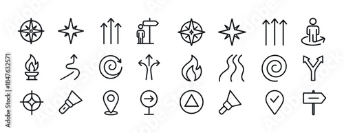 Minimalist navigation and direction icons: arrows, compasses, si