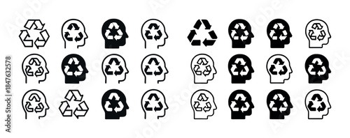 Recycling and sustainability icons featuring human profiles and