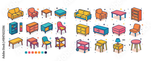 Colorful cartoon furniture set with tables, chairs, sofas, and b