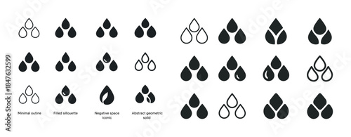 Geometric water drop icon set: outline, silhouette, negative spa