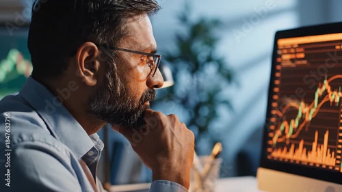 Focused Professional Man Intently Analyzing Dynamic Stock Market Charts and Financial Data on Computer Screen at Night, Reflecting Deep Thought