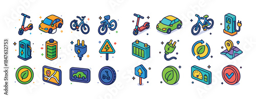 Vector icons of eco-friendly transport and sustainable energy so