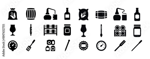 Distillery icons: equipment, barrels, bottles, glasses, meters