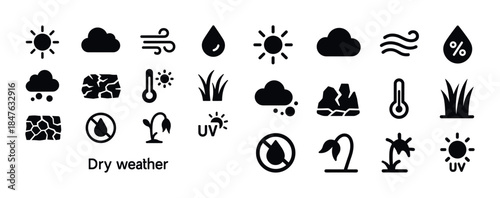 Dry weather icons set: sun, clouds, wind, drought, and uv symbol