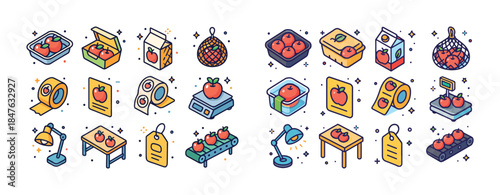 Colorful tomato-themed icons: packaging, scale, tags, and more i