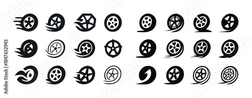 Set of 24 dynamic wheel icons illustrating speed and motion