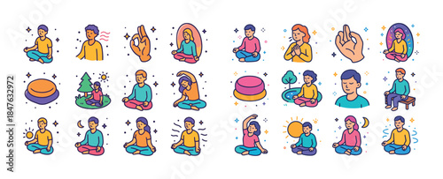 Illustrated meditation and mindfulness practices with diverse pe