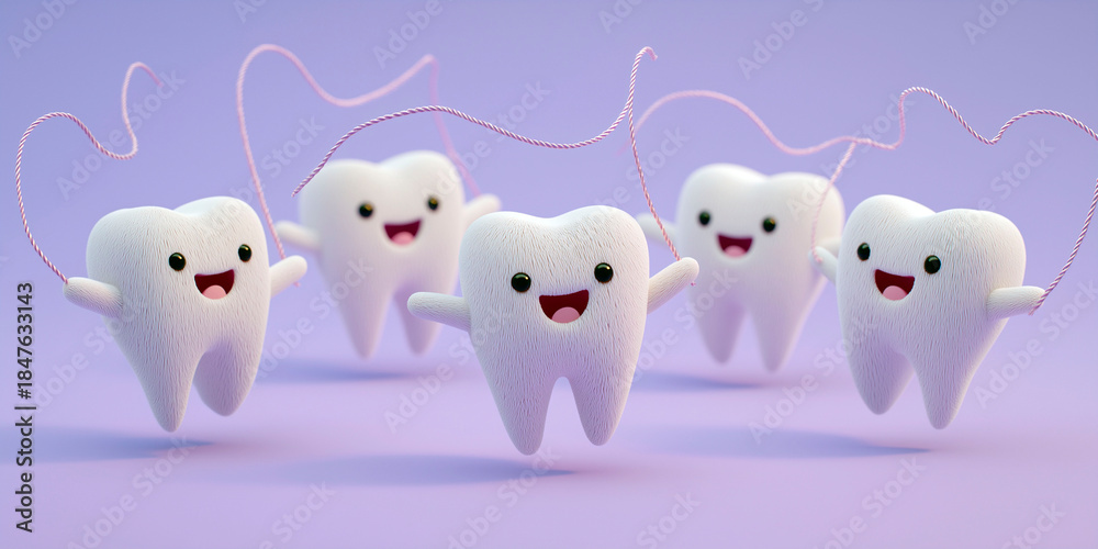 Obraz premium Cute cartoon teeth characters jumping rope with dental floss on purple background, promoting fun dental hygiene for kids