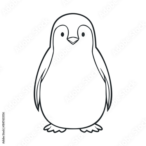 Simple black outline drawing of an adorable penguin standing, perfect for childrens coloring books, educational materials, or cute winter themed projects