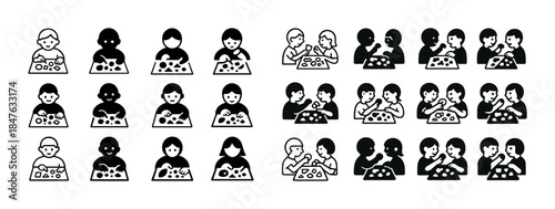 Set of diverse cartoon children eating and studying in various s