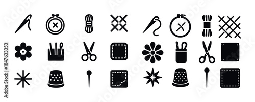 Sewing icons collection: needle, thimble, scissors, thread, embr