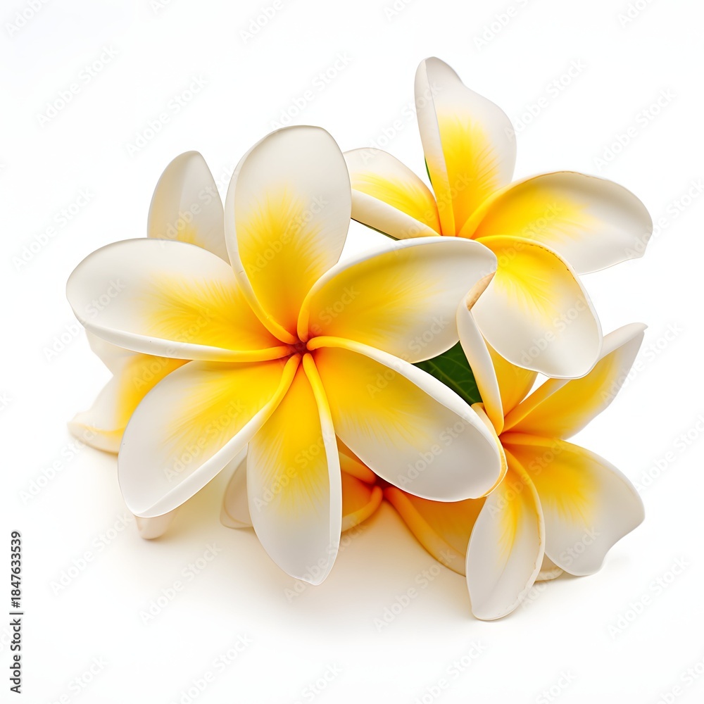 Fototapeta premium Elegant plumeria flowers blossom with vibrant yellow centers, a symbol of the tropics